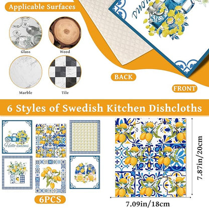 Lemons Swedish Dishcloths for Kitchen, 6 Pcs Reusable Tiles Lemons Sponge Cleaning Cloths, Absorbent Summer Yellow Fruit Dish Cloths Towels Wipes for Cooking Home Decoration Housewarming Gift