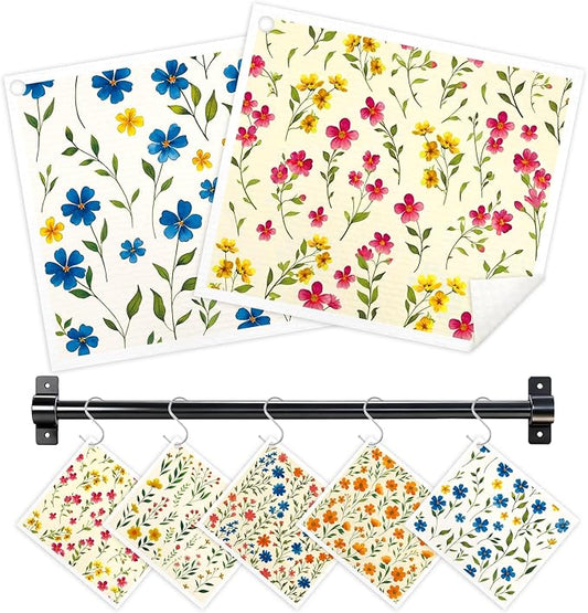 Swedish Dishcloths for Kitchen, 5 Pack Floral Flowers Reusable Paper Towels with 3 Hooks, Washable Dish Cloth Set, Absorbent Cleaning Cloth for Washing Dishes Housewarming Gifts for Friend