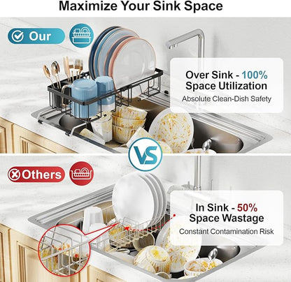 iSPECLE Small Sink Dish Drying Rack, Expandable Narrow Rust Resistant Dish Drainer for RV Apartment Kitchen, Dish Rack with Tightening Knob, Arms with Non Slip Rubber, 9.2" W x 16.6"-24" L, Black