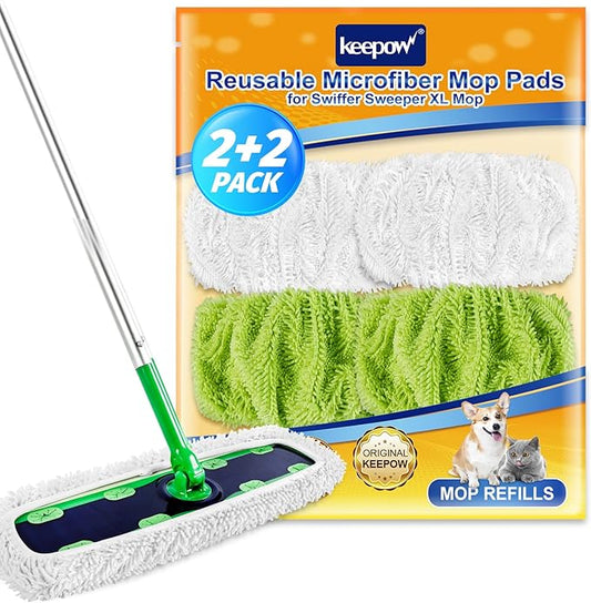 KEEPOW Reusable XL Wet Pads Compatible with Swiffer XL Sweeper, X-Large Dry Sweeping Cloths, Wet Mopping Cloths, Washable Microfiber XL Wet Pads Refills for Surface/Hardwood Floor Cleaning, 4 Pack