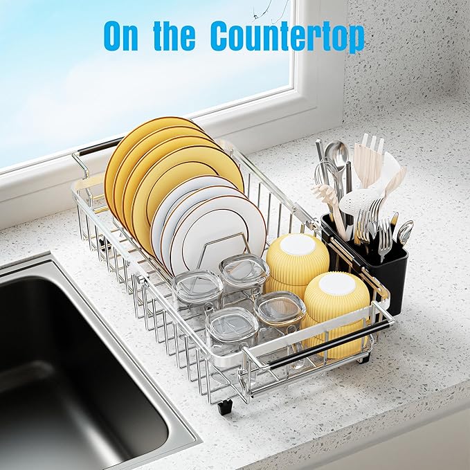 Expandable Over The Sink Dish Drying Rack, Anti-Rust Stainless Steel in Sink Dish Drainer with Cutlery Holder, Counter Space Saving Sturdy Sink Drying Rack for Many Kitchen Drain Task