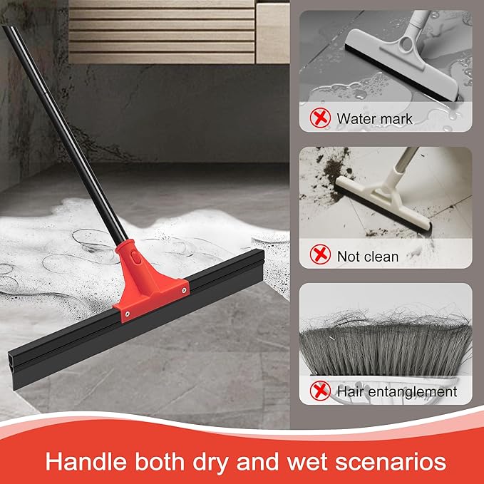 Floor Squeegee with 18'' Silicone Rubber Scraper Head and 58'' Long Adjustable Handle, Heavy Duty Shower Squeegees for Concrete Floor, on Multi-Surface Tile Glass Pool Garage Cleaning