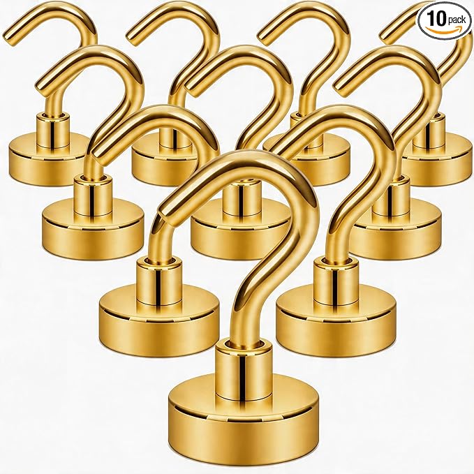 Neosmuk Magnetic Hooks, Heavy Duty 30lb+ Strong Magnet Hook for Cruise Cabins, Cruise Ship Essentials for Hanging, Metal Wall Refrigerator Hangers (Gold, 10 Pack)