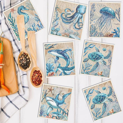 Swedish Dishcloths for Kitchen, Reusable Absorbent Fast Drying Sea Animals Theme Swedish Dish Cloths Gift Set, Washable Cellulose Sponge Cloths Dish Towel for Washing Dishes