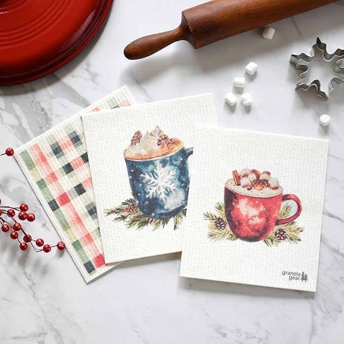 Home by GranolaGear-Christmas Swedish Dishcloths for Kitchen 6-Pack Reusable Paper Towels, Eco-Friendly, Compostable, Biodegradable Dish Wash Cloths, Washable Sponge, Winter Holiday Art-Hot Cocoa Bar