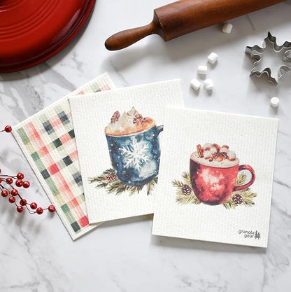 Home by GranolaGear-Christmas Swedish Dishcloths for Kitchen 6-Pack Reusable Paper Towels, Eco-Friendly, Compostable, Biodegradable Dish Wash Cloths, Washable Sponge, Winter Holiday Art-Hot Cocoa Bar