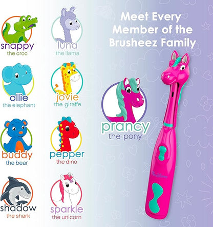 Brusheez Kids’ Electric Toothbrush Set - Safe & Effective for Ages 3+ - Parent Tested & Approved with Gentle Bristles, 2 Brush Heads, Rinse Cup, 2-Minute Timer, & Storage Base (Prancy the Pony)
