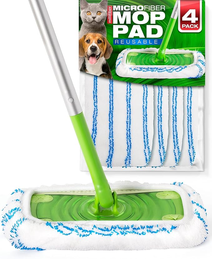 Millifiber Microfiber Reusable Mop Pads Compatible with Swiffer Sweeper (4-Pack) Washable Mop Pads for Wet & Dry Use (Handle is Not Included)