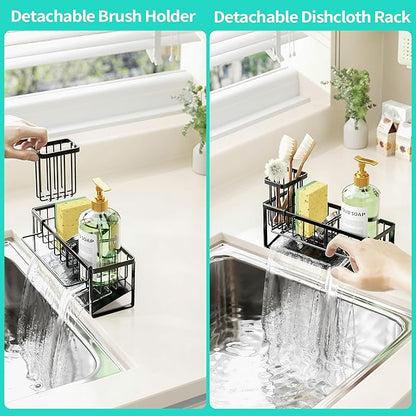 HapiRm Sponge Holder for Kitchen Sink - Self-draining Sink Caddy with Brush and Dishcloth Holders with Sloping Drainage - Black