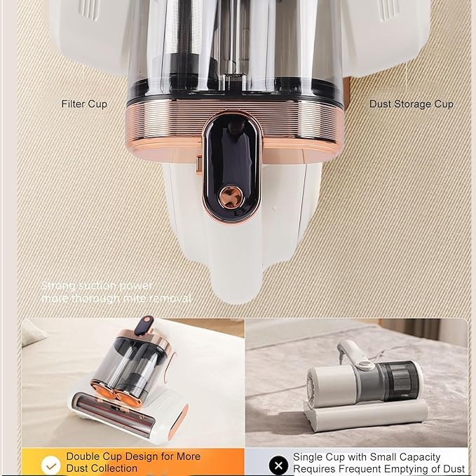 HEEPDD Handheld Mattress Vacuum Cleaner, Cordless, 13000Pa Strong Suction, White Gold, 520ml Dustbin with UV Light for Bed Sofa Carpet Pet Hair