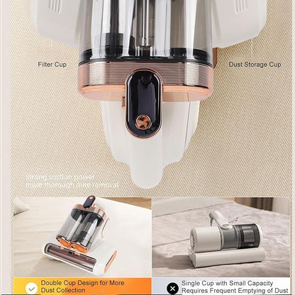 HEEPDD Handheld Mattress Vacuum Cleaner, Cordless, 13000Pa Strong Suction, White Gold, 520ml Dustbin with UV Light for Bed Sofa Carpet Pet Hair