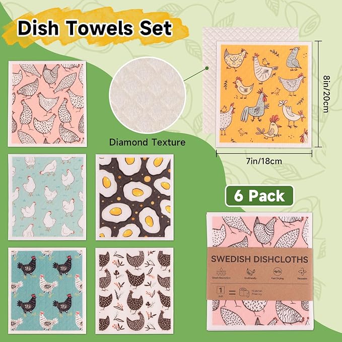 Polly Online Swedish Dishcloths for Kitchen,6 Pack Cloth Paper Towels Reusable Washable,Super Absorbent Dish Towels,No Odor,Biodegradable,Chicks Design