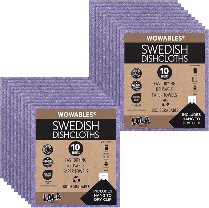 LOLA Swedish Dishcloths for Kitchen 20 Sheets, Biodegradable & Compostable Reusable Paper Towel Cleaning Cloths No Odor Washing Dishes Ultra Absorbent Cellulose Sponge Towel Made in Germany
