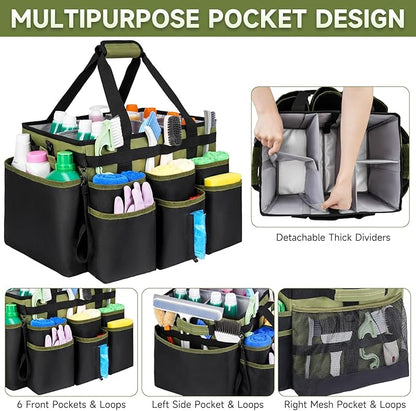 Large Rolling Cleaning Caddy Bag with Detachable Trolley,Cleaning Cart on Wheels with Shoulder Strap,Cleaning Supplies Organizer for Housekeepers,Green