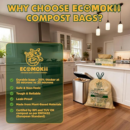 EcoMokii Compostable Trash Bags 13 Gallon with Drawstring, 60 Count, 49.2 Liter, 1.2 Mil Heavy Duty Compost Bags Extra Thick for Tall Kitchen Garbage Can, Unscented Food Waste Bag, BPI (ASTM D6400)