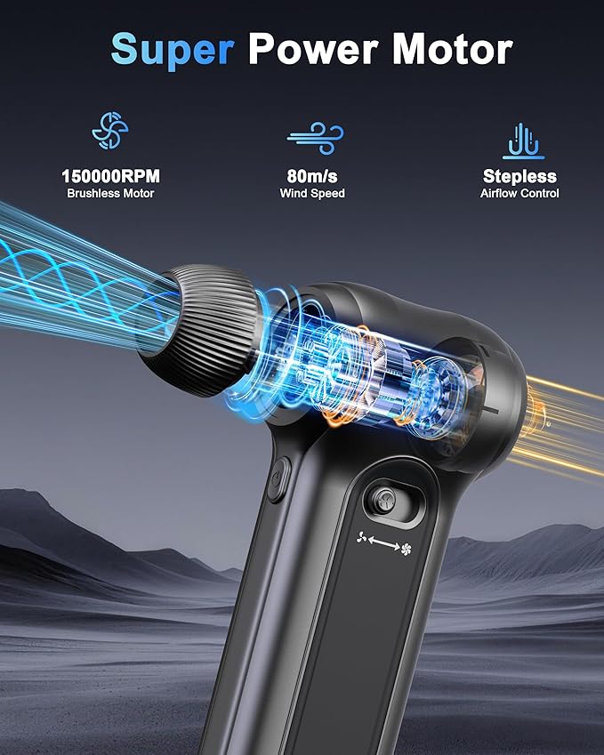 Compressed Air Duster 150000RPM Brushless Motor, Stepless Speed, Rechargeable Powerful Cordless Blower, Portable Air Duster with LED & Magnifier, Nozzle Kit for Keyboard Electronics Car Home (Black)
