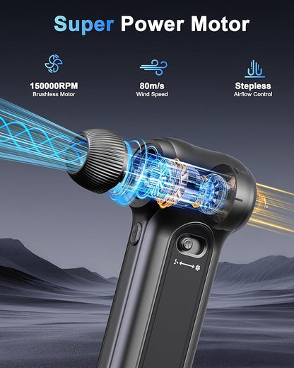Compressed Air Duster 150000RPM Brushless Motor, Stepless Speed, Rechargeable Powerful Cordless Blower, Portable Air Duster with LED & Magnifier, Nozzle Kit for Keyboard Electronics Car Home (Black)
