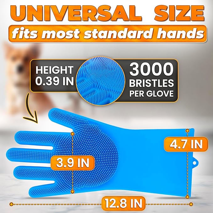 Cat and Dog Shampoo Gloves with 3000 Soft Bristles – 2-in-1 Dog Bath Gloves 11.6", Durable Silicone, Saves Shampoo | Massage, Grooming & Clean Wet or Dry – Made for Every Breed and Coat Style (Blue)