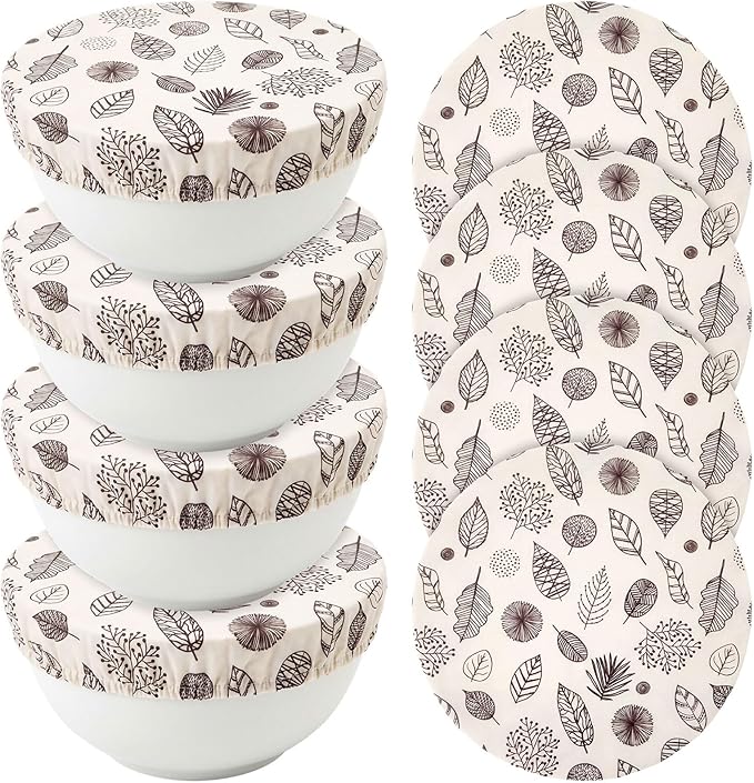 Hahafelt 4 Pcs Beeswax Bowl Covers Reusable Bowl Covers for Bread Proofing 10 Inch Elastic Cotton Cloth Sourdough Caps Stretchy Food Caps Leakproof Fresh for Dough Proofing and Food Storage(Leaf)