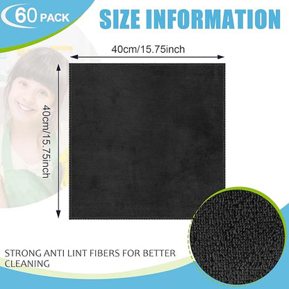 Nuenen Microfiber Cleaning Cloths for Cars 16 x 16 Inch Ultra Absorbent Car Towels Drying Reusable Cleaning Supplies House Kitchen Window Microfiber Towel(Black,60 Pcs)