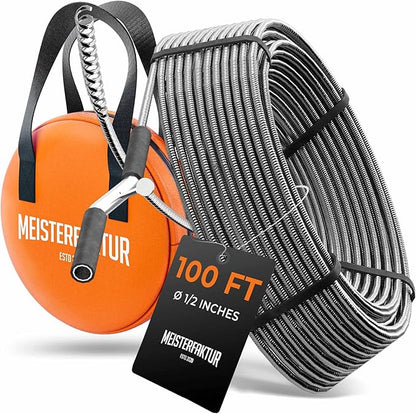 Meisterfaktur drain snake 3.0 [100 FT] - extremely long - Ideal plumbing snake for heavy & deep blockages - The drain auger for real do-it-yourselfers! (100 FT - 1/2 inch)