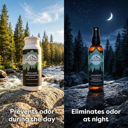 Lumi Outdoors Natural Shoe Deodorizer Spray and Foot Powder Bundle - Lemon Eucalyptus and Foot Powder