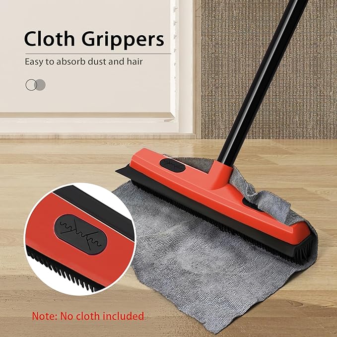 JEHONN Rubber Broom Carpet Rake Brush for Pet Hair with Squeegee, 52.8 inches Long Handle Silicone Fur Scraper Removal Tool with Detailing Lint Comb for Rug, Tile, Hardwood Floor Cleaning (Red)
