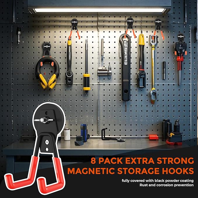 8Pcs Large Strong Magnetic Hooks Heavy Duty Garage Big Magnet Hooks Extra Strength Magnetic Utility Storage Hook Hanger with Anti Slip Coating for Garden Indoor Outdoor Hanging Tools Orange