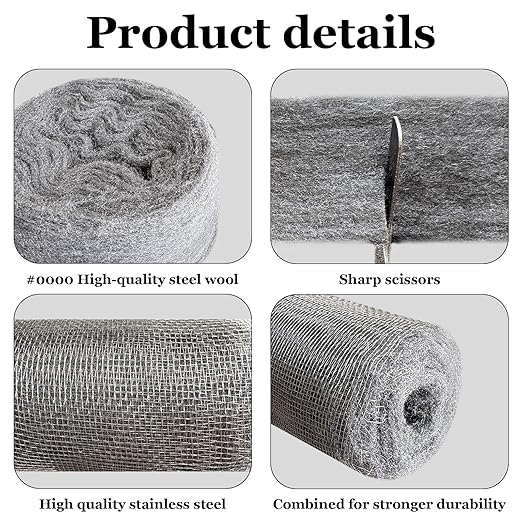 Steel Wool Mice Control, 3 Pack 2.75" x 13FT 0000 Steel Wool for Mice Control & 1 Pack 5" x15FT Stainless Wire Mesh with Wooden Stick & Gloves & Scissors, Hole Filler for House Walls Garden Garage