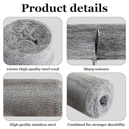 Steel Wool Mice Control, 3 Pack 2.75" x 13FT 0000 Steel Wool for Mice Control & 1 Pack 5" x15FT Stainless Wire Mesh with Wooden Stick & Gloves & Scissors, Hole Filler for House Walls Garden Garage