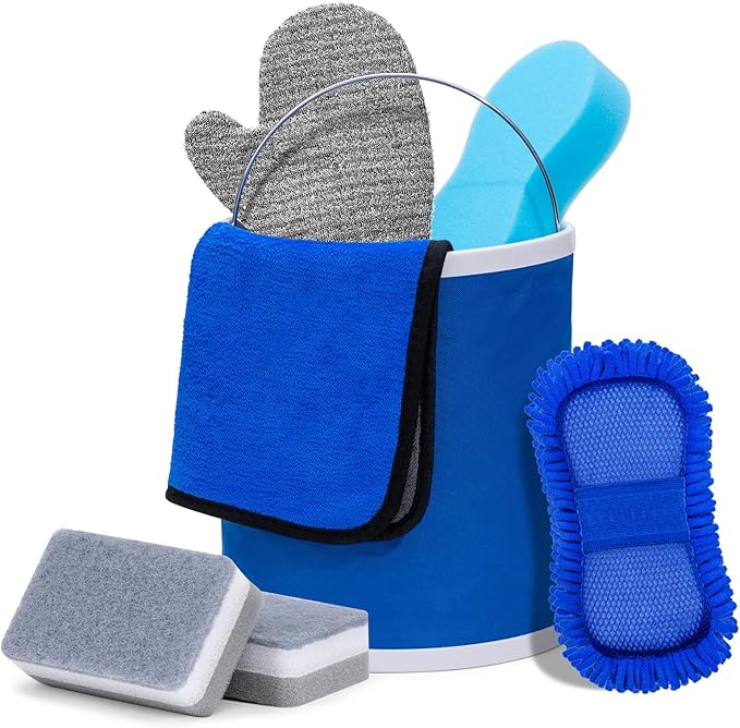 Boat Wash Cleaning Kit with Collapsible Bucket Boat Scrubbing Brush Glove Boat Scuff Sponge Microfiber Towel Complete Interior Exterior Fiberglass Boat Hull Cleaning Set for Boat