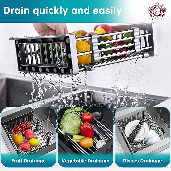 Sink Dish Drying Rack, Stainless Steel Drainer for 12.5"-20.5" Sinks, Kitchen Countertop Organizer for Dishes, Vegetables, and Fruits (Grey & Large Size)