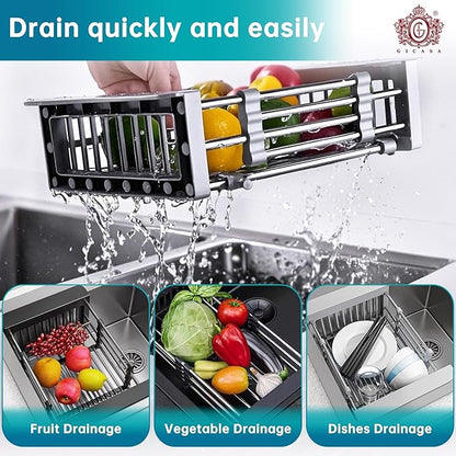 Sink Dish Drying Rack, Stainless Steel Drainer for 10.7"-17" Sinks, Kitchen Countertop Organizer for Dishes, Vegetables, and Fruits (Grey & Small)