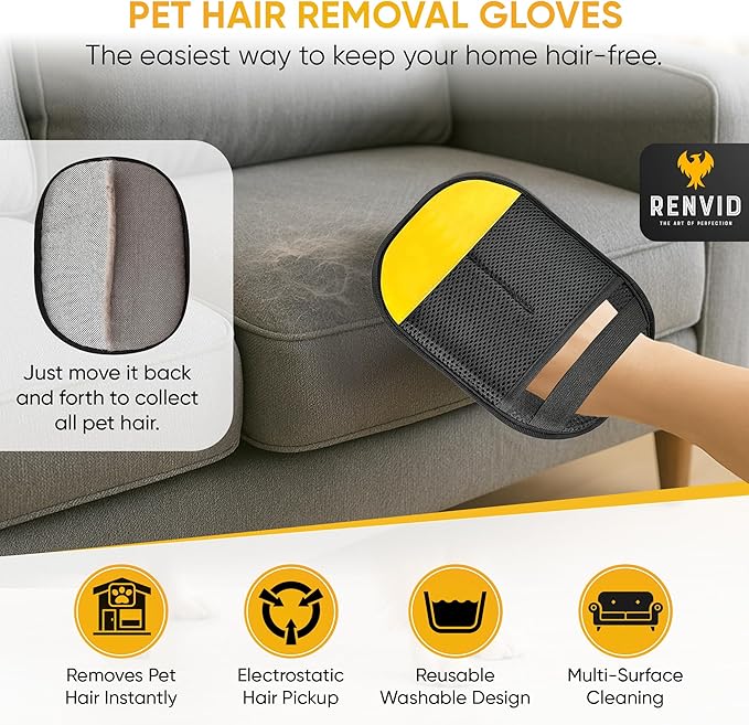 2PCS Pet Hair Removal Gloves & Brush for Cats & Dogs – Electrostatic Lint Remover Mitts – Reusable Fur Cleaning Glove for Couch, Clothes, Car & Furniture – Easy Grooming Magic Brush