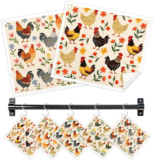 Swedish Dishcloths for Kitchen, 5 Pack Funny Chicken Reusable Paper Towels with 3 Hooks, Washable Dish Cloth Set, Absorbent Cleaning Cloth for Washing Dishes Housewarming Gifts for Friend