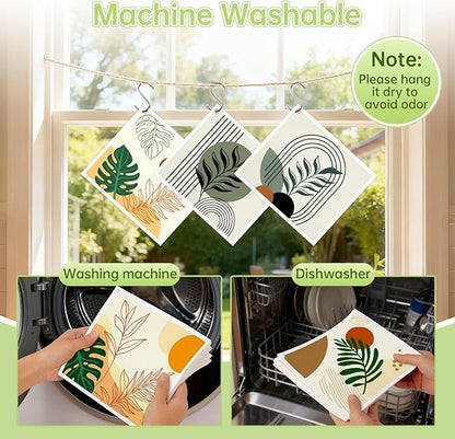 Swedish Dishcloths for Kitchen, 5 Pack Boho Abstract Leaves Reusable Paper Towels with 3 Hooks, Washable Dish Cloth Set, Absorbent Cleaning Cloth for Washing Housewarming Gifts for Friend
