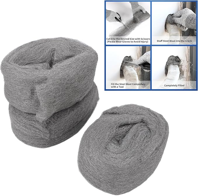 FTVOGUE Steel Wool Fill Fabric Kit 3 Rolls 3.3x10 Foot with Gloves Scissors Tweezers for Wall Cracks Holes Pipe Vents Rodents Barrier