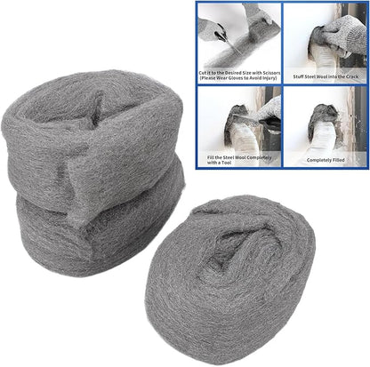 FTVOGUE Steel Wool Fill Fabric Kit 3 Rolls 3.3x10 Foot with Gloves Scissors Tweezers for Wall Cracks Holes Pipe Vents Rodents Barrier