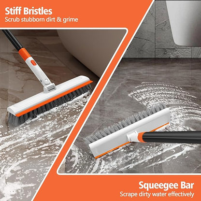 NEWE Floor Scrub Brush with Long Handle, 2 in 1 Stiff Bristles Scrubber Mop with Squeegee for Cleaning Deck Tile Tub Garage Patio Wall Sink Bathroom Kitchen