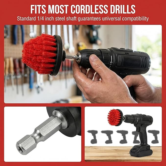 Drill Brush Attachment Set, 5 Pack Power Scrubber Cleaning Brush Kit with Extension Rod for Bathroom, Tub, Tile, Grout, Kitchen, Floor and Wheel Rims (Red)