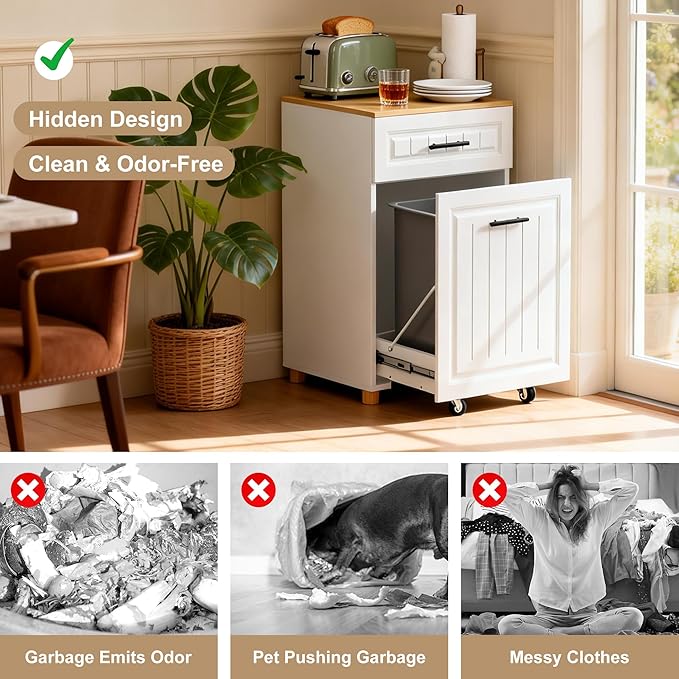 ZIFTY 13 Gallon Pull Out Trash Can Cabinet, Pet Proof Freestanding Kitchen Trash Bin Cabinet with Hideaway Drawer, Wooden Garbage Recycling & Laundry Hamper for Kitchen, Laundry, Living Room, White