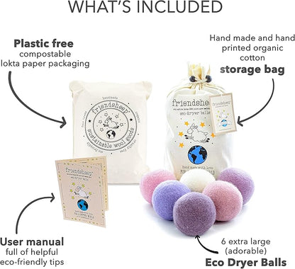 Friendsheep Wool Dryer Balls, Organic Reusable Fabric Softener Alternative for Laundry, Handmade, Fair Trade, Hypoallergenic, Eco-Friendly, Plastic-Free (6 Pack XL - Lavender Bliss)