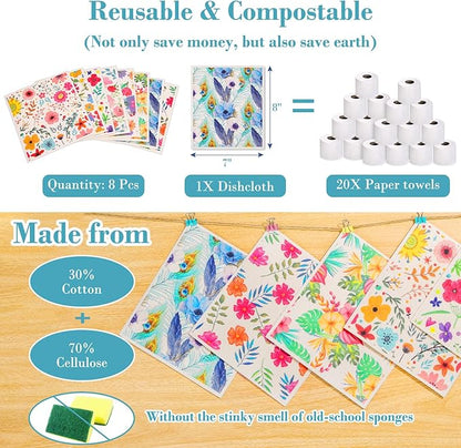 Lucomb Swedish Dishcloths for Kitchen Dishes, 8 Pack Reusable Cleaning Cloths Replace Paper Towels Swedish Towels Cleaning Rags Eco Friendly Biodegradable for Home Office Wipes