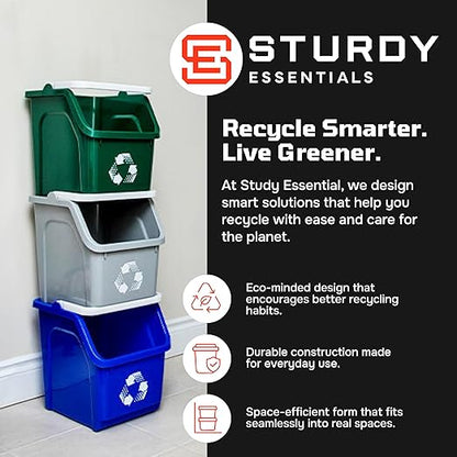 Multi Bin Recycling System with Three Stackable 6 Gallon Recycle Bins for Kitchen Use – Recycling Trash Can Set for Office, Garage, Businesses (6 Pack, Blue/Grey)