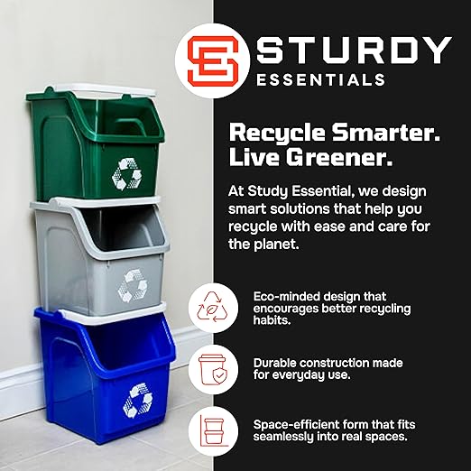 Multi Bin Recycling System with Three Stackable 6 Gallon Recycle Bins for Kitchen Use – Recycling Trash Can Set for Office, Garage, Businesses (3 Pack, Blue/Grey/Green)