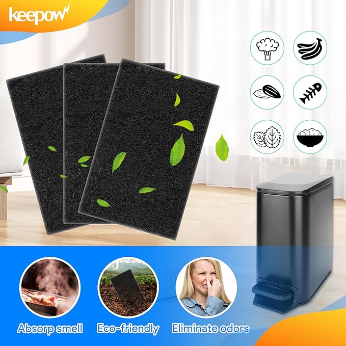 KEEPOW Compost Bin Filter Replacement for Kitchen Compost Bin Countertop, Charcoal Filters for Compost Bucket, Activated Carbon Filter for Compost Pail Counter, Rectangle,12 Pack