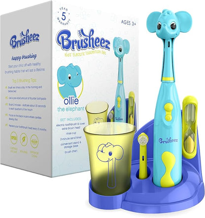 Brusheez Kids’ Electric Toothbrush Set - Safe & Effective for Ages 3+ - Parent Tested & Approved with Gentle Bristles, 2 Brush Heads, Rinse Cup, 2-Minute Timer, & Storage Base (Ollie the Elephant)