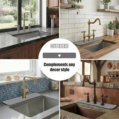 33" Lx5.5 W Long Kitchen Sink Faucet Mat: Customizable Grey Splash Guard with Pre-Cut Center Hole for Large Double Bowl Sink, DIY to Fit Irregular Sink 2, 3, 4 Holes with Soap Dispenser & Air Gap