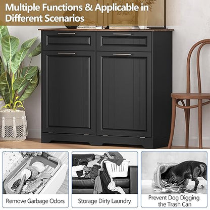 Double 10 Gallon Tilt Out Trash Can Cabinet with Deodorizing Function and Power Outlet, Wooden Hidden Garbage Can Holder with 2 Storage Drawers for Kitchen, Laundry Hamper Cabinet for Bathroom, Black