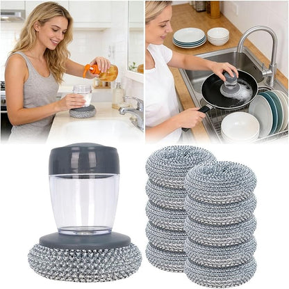 Soap Dispensing Dish Brush with Replaceable Nylon Balls, Comfort Grip Handle for Kitchen Scrub - Built-in Soap Dispenser for Cleaning Dishes, Pots, Pans, Sinks & Bathtubs (1+10pcsballs)